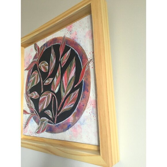 Pink Plant Painting - Boho Plant Art in Floating Wood Frame, Modern Office Decor - Picture 7 of 9